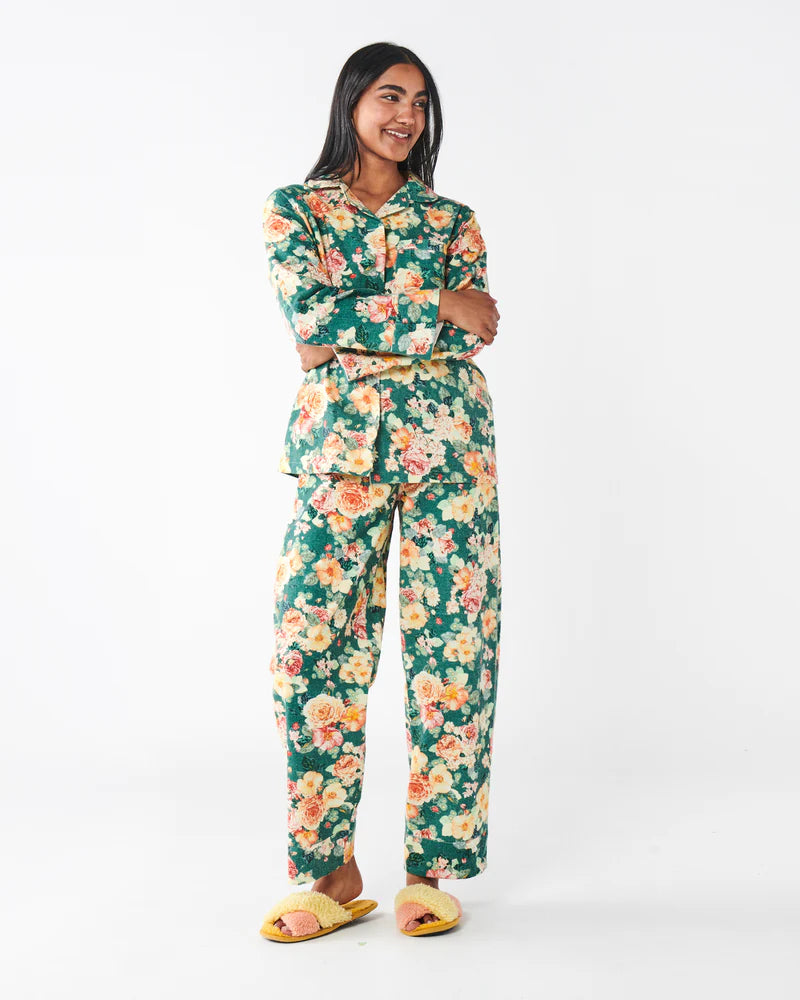 Peony Sage Flannelette Shirt Pant Pyjama Set