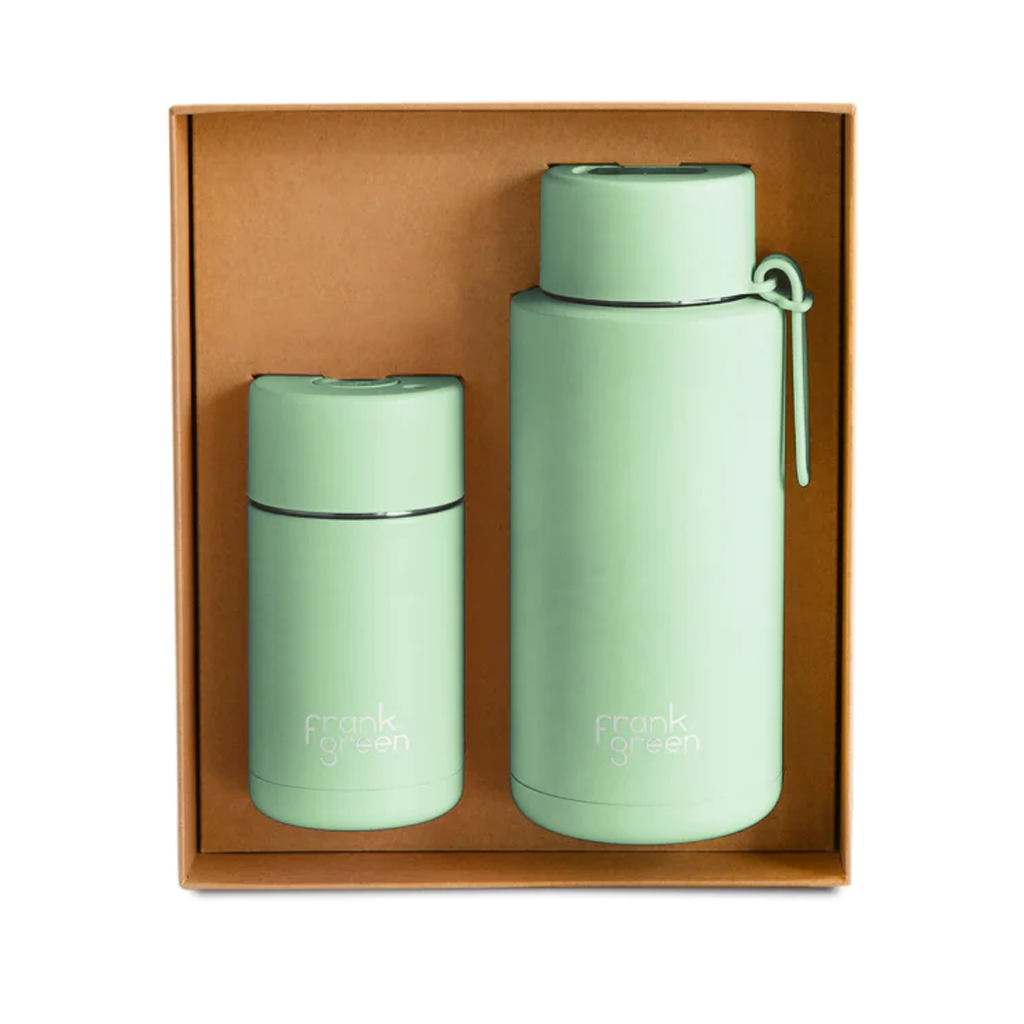 The Essentials Gift Set Large - Mint 12oz ceramic cup + 34oz ceramic bottle with straw lid