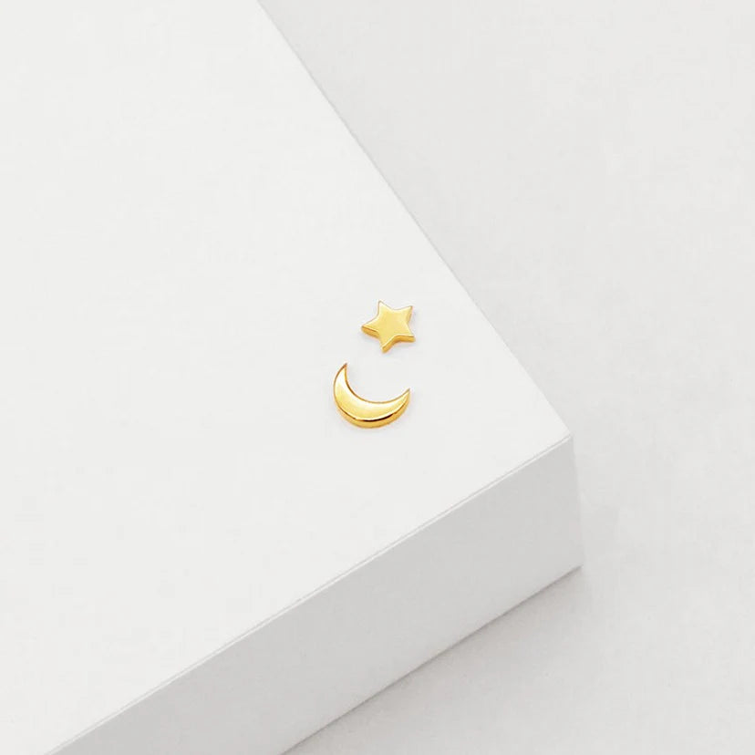 Star & Moon Stud Earrings - Gold