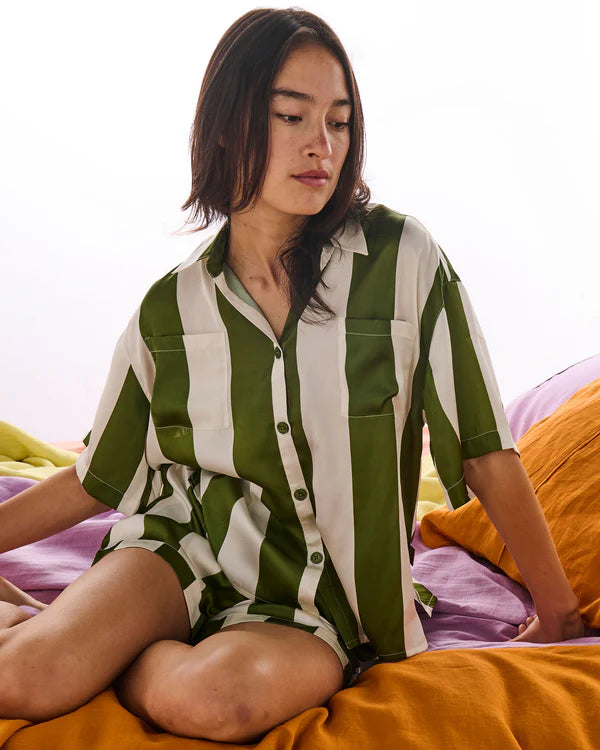 Satin Short Pyjama Set - Moss Stripe