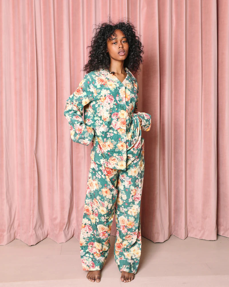 Peony Sage - Flannelette Shirt & Pant Pyjama Set