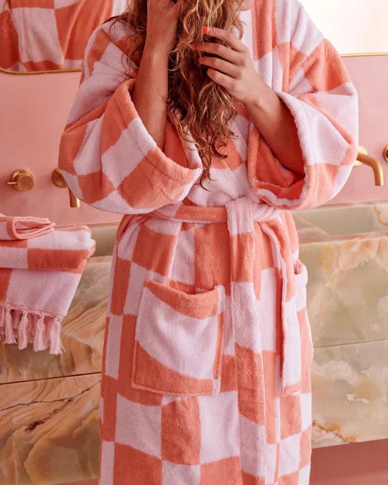 Checkerboard Pink Terry Bath Robe