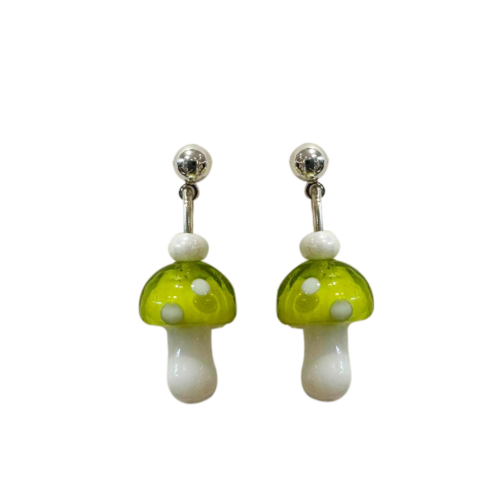 Glass Mushroom Drop Earrings - Green