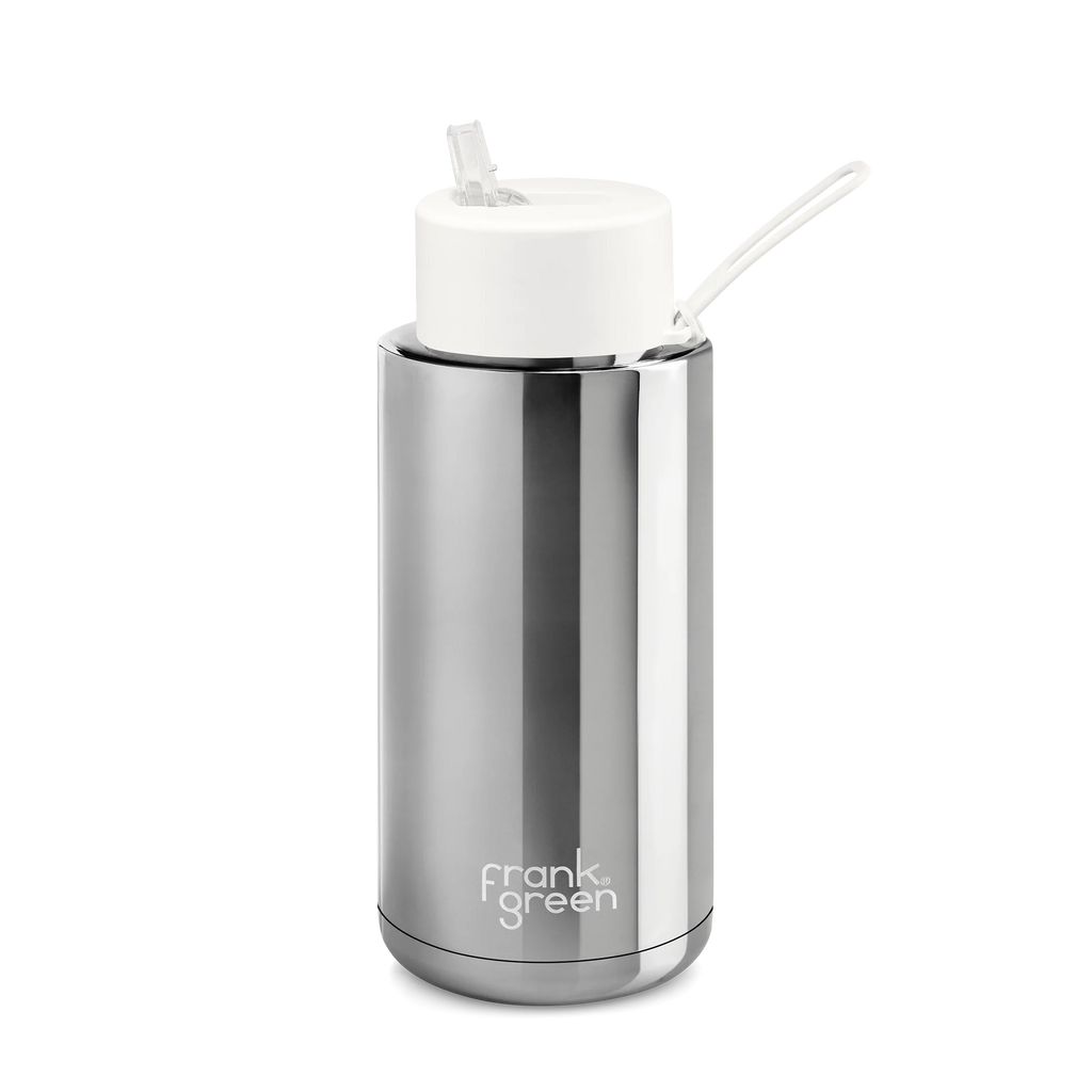 34oz Stainless Steel Ceramic Bottle with Straw - Chrome/White