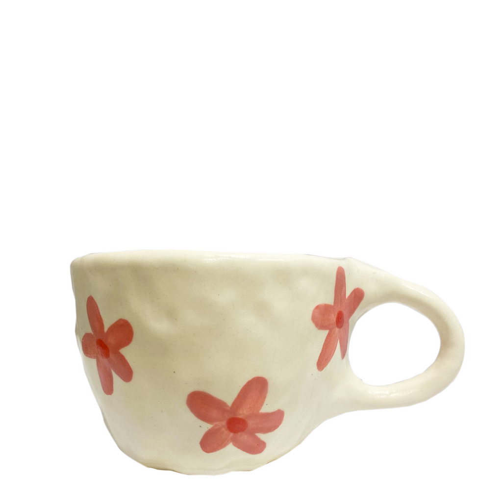Handmade Mug - White With Pink/Red Flowers