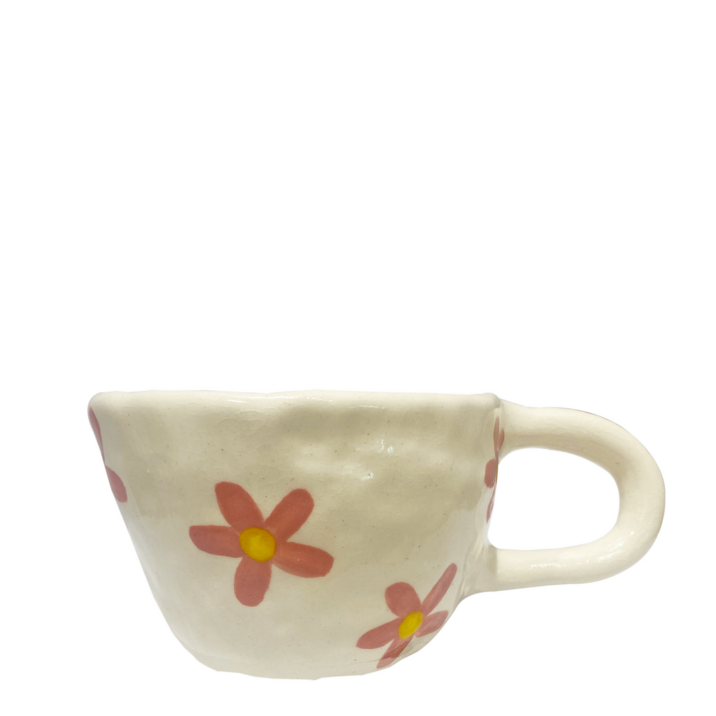 Handmade Mug - White With Pink/Yellow Flowers