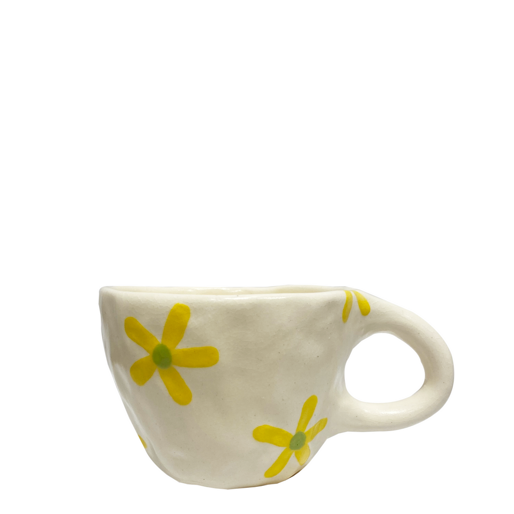 Handmade Mug - White With Yellow/Green Flowers