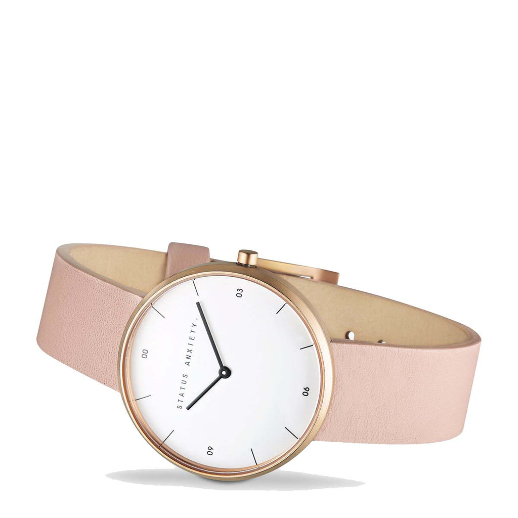 Paddington-Store-status-anxiety-watch-repeat-after-me-watch-brushed-copper-white-face-blush-strap-front-angle