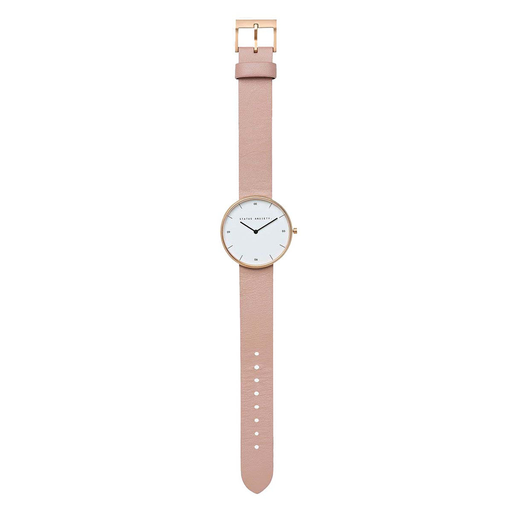 Paddington-Store-status-anxiety-watch-repeat-after-me-watch-brushed-copper-white-face-blush-strap-front-flat