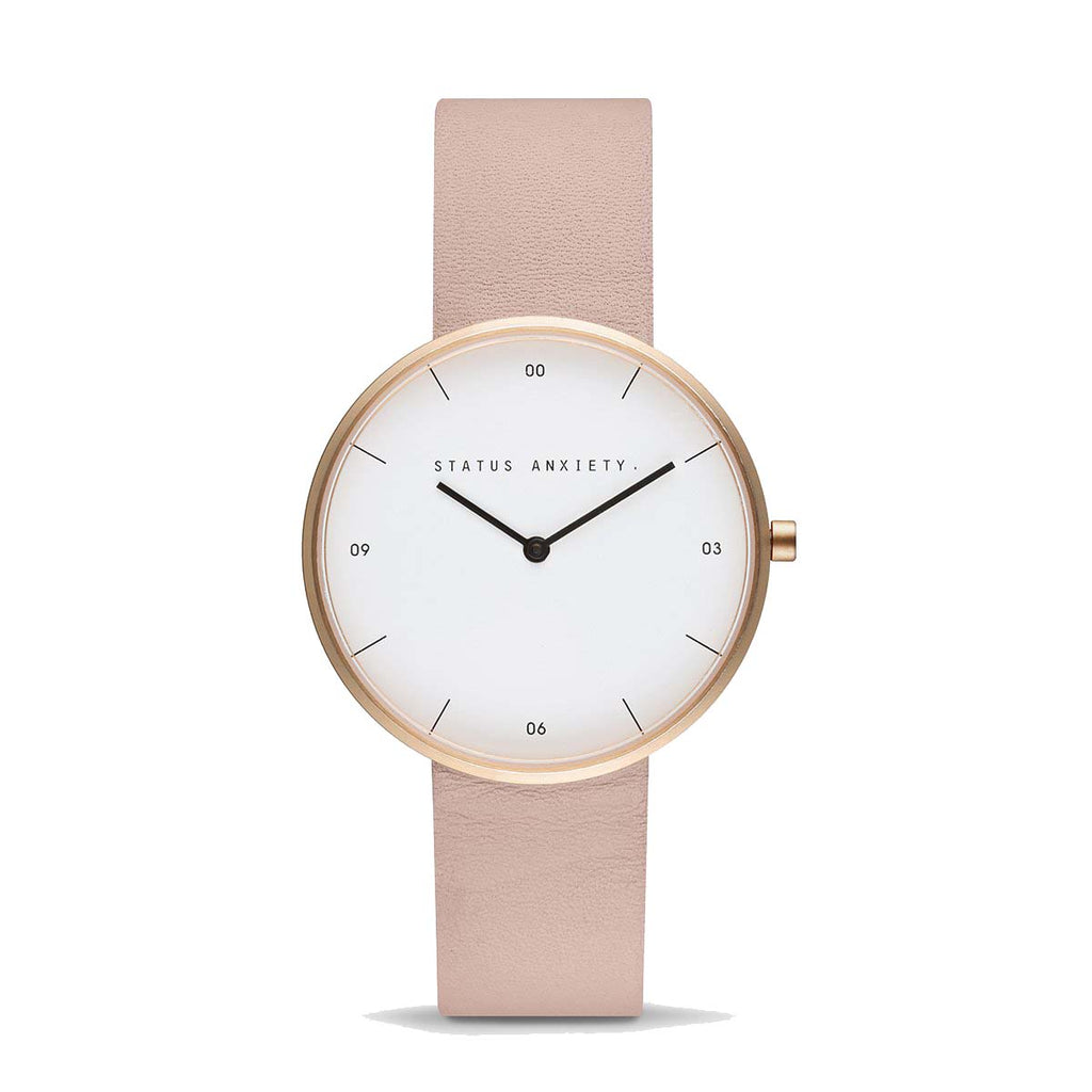 Paddington-Store-status-anxiety-watch-repeat-after-me-watch-brushed-copper-white-face-blush-strap-front