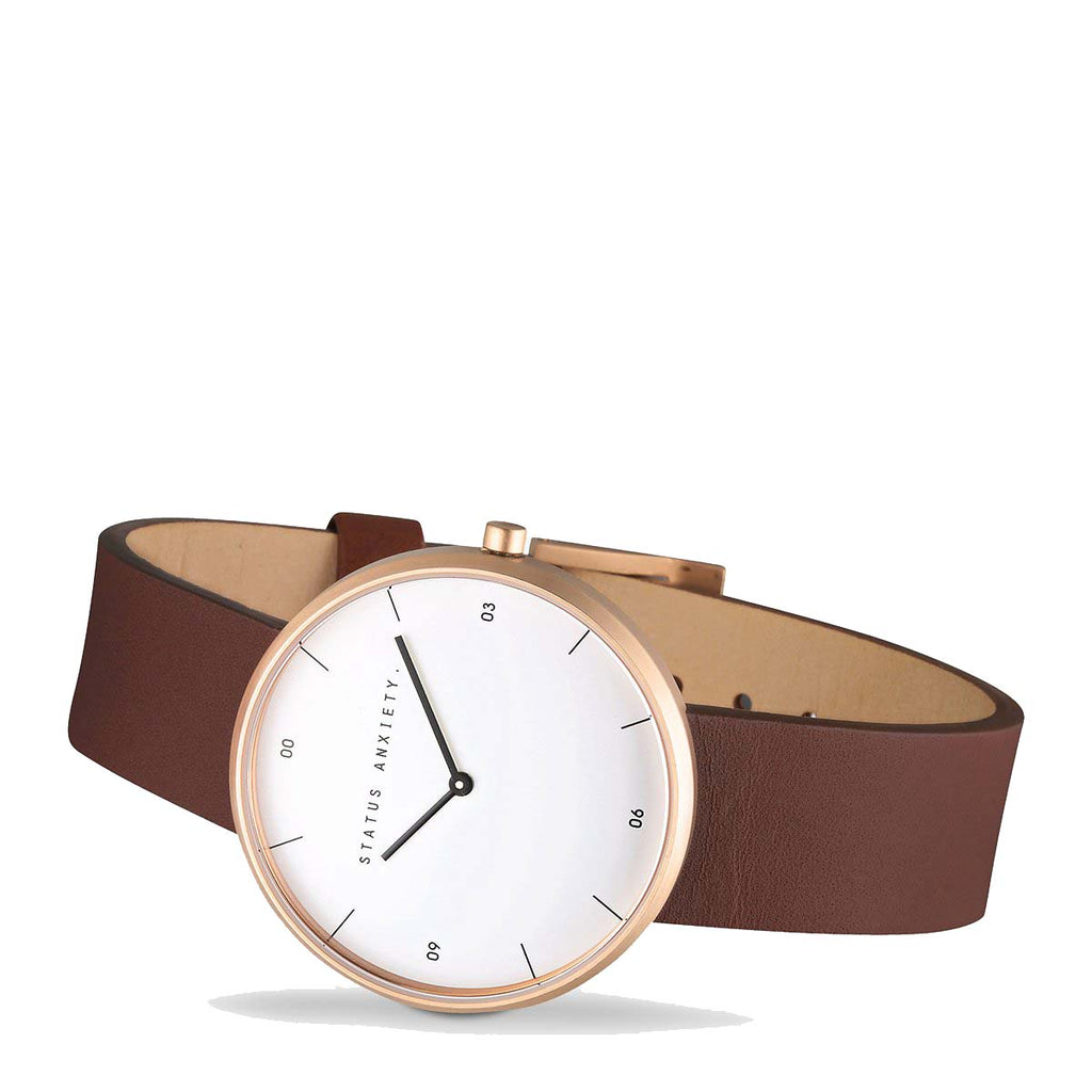 Paddington-Store-status-anxiety-watch-repeat-after-me-watch-brushed-copper-white-face-brown-strap-front-angle