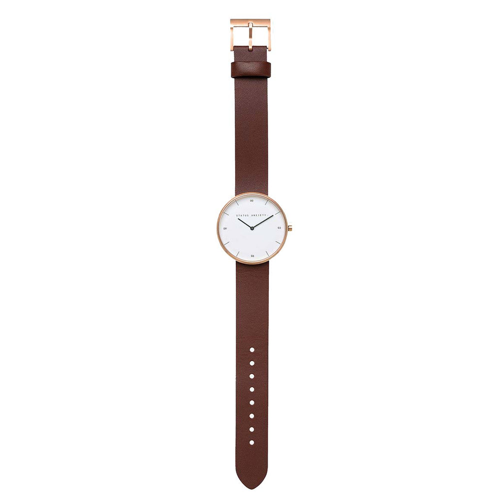 Paddington-Store-status-anxiety-watch-repeat-after-me-watch-brushed-copper-white-face-brown-strap-front-flat